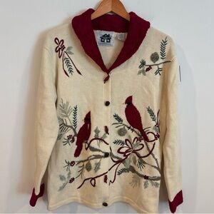 Vintage Storybook Knits Cardinal Bird Embroidered Cardigan Shawl Collar Woman M